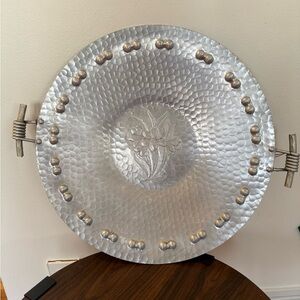 Silver Hammered Metal Display with Handles to hang inside or outside